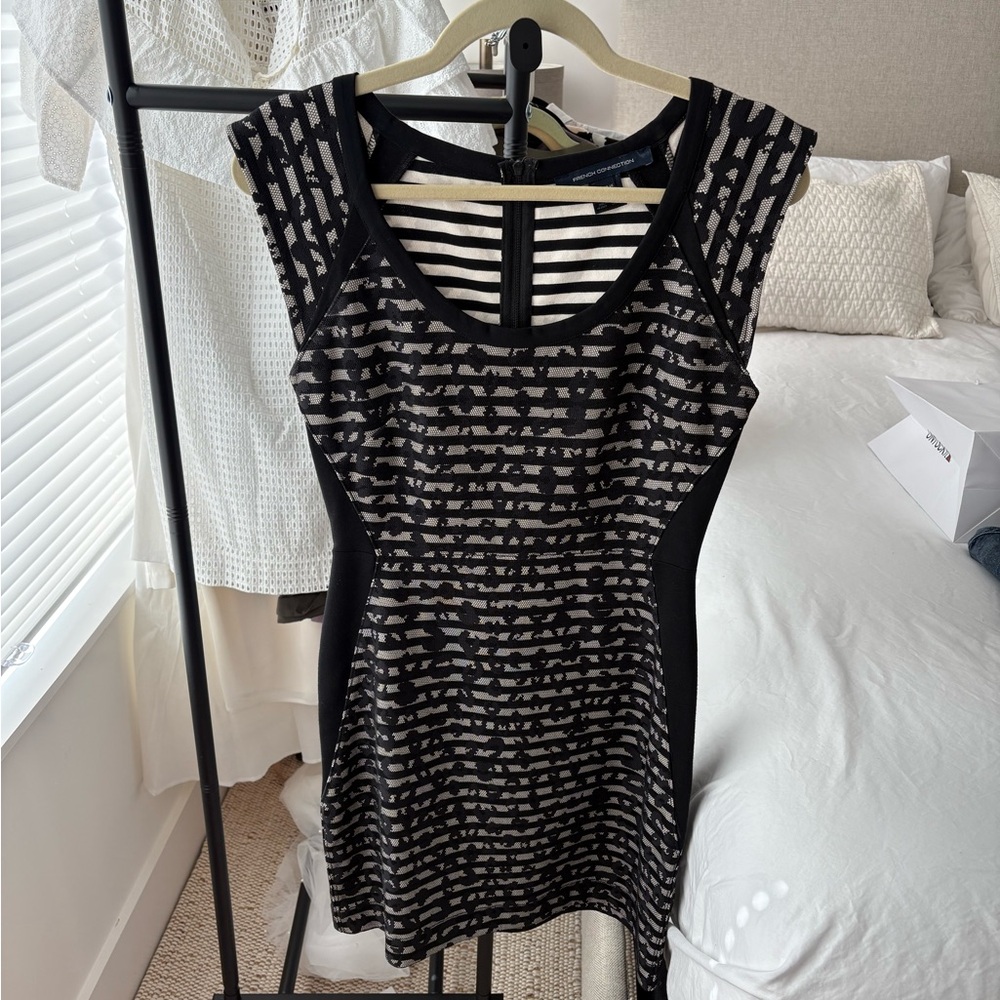 French Connection Black and Cream Leopard Bodycon Dress